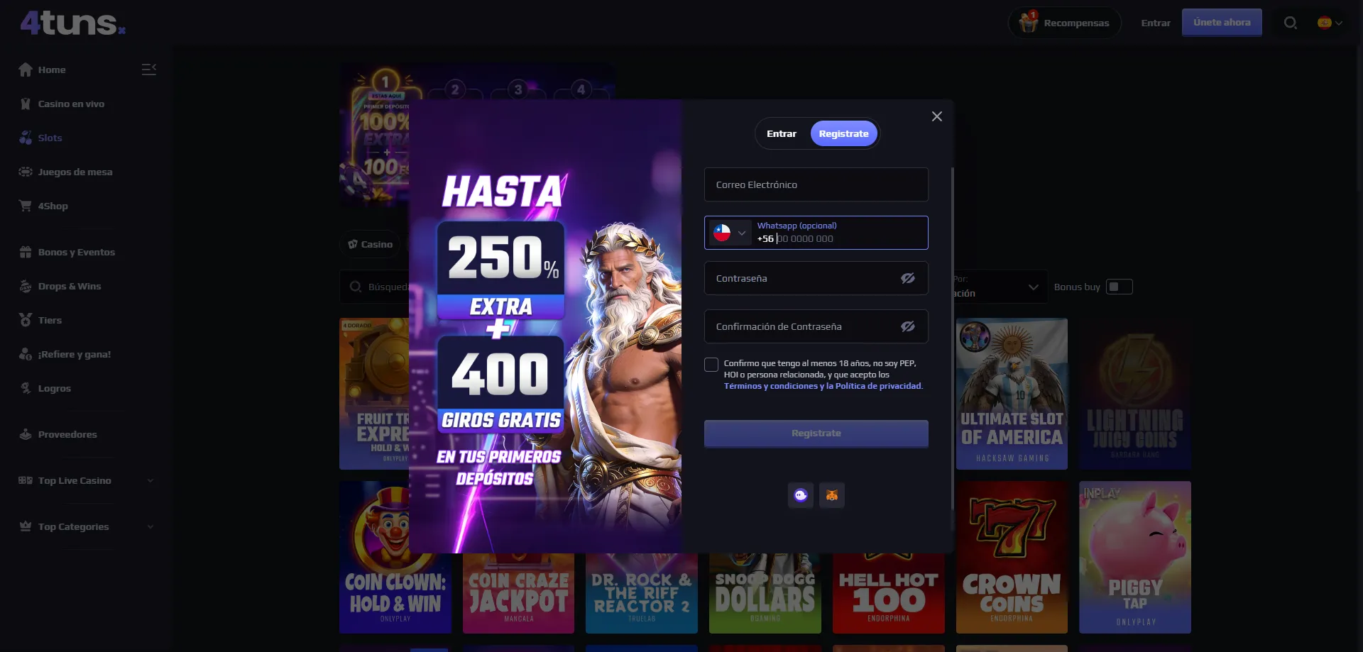 Proceso de registro en 4tuns Casino Chile paso a paso